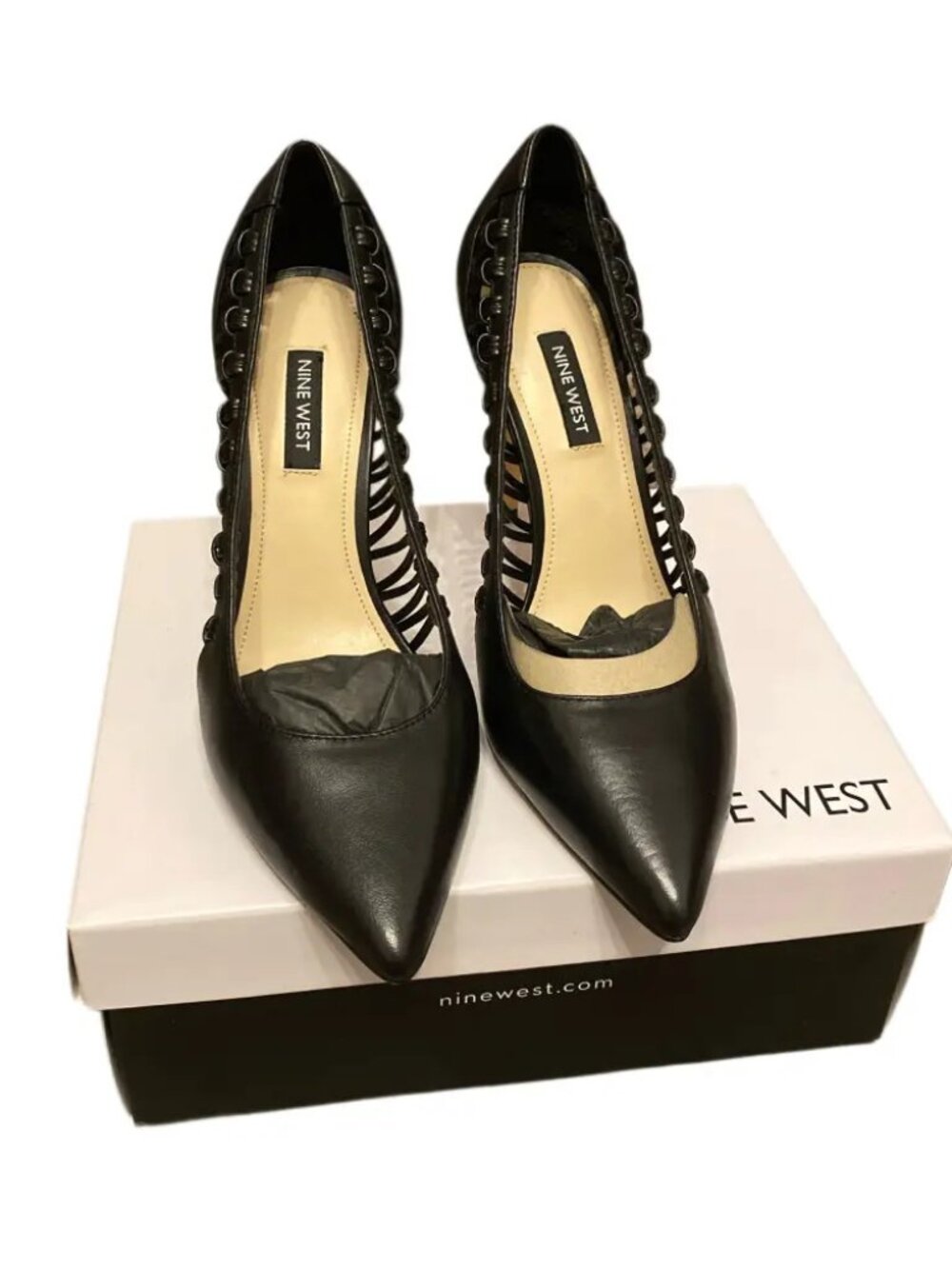 Nine West Tansy Woven Leather Pumps Black Pointed Toe Stiletto